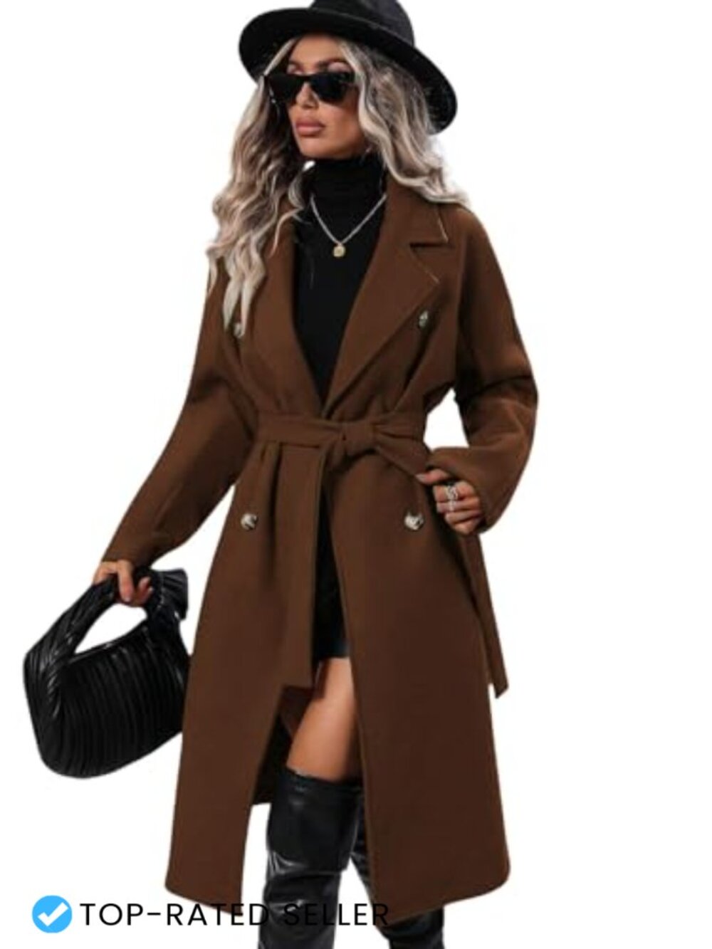 Wool Blend Double Breasted Pea Coat Belted Trench Winter Overcoat